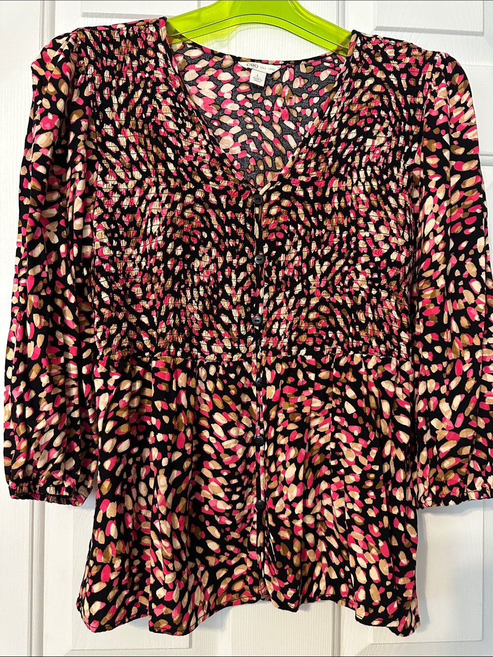 Cute Cato smocked Black Blouse with Pink and Beige Abstract Dot Print